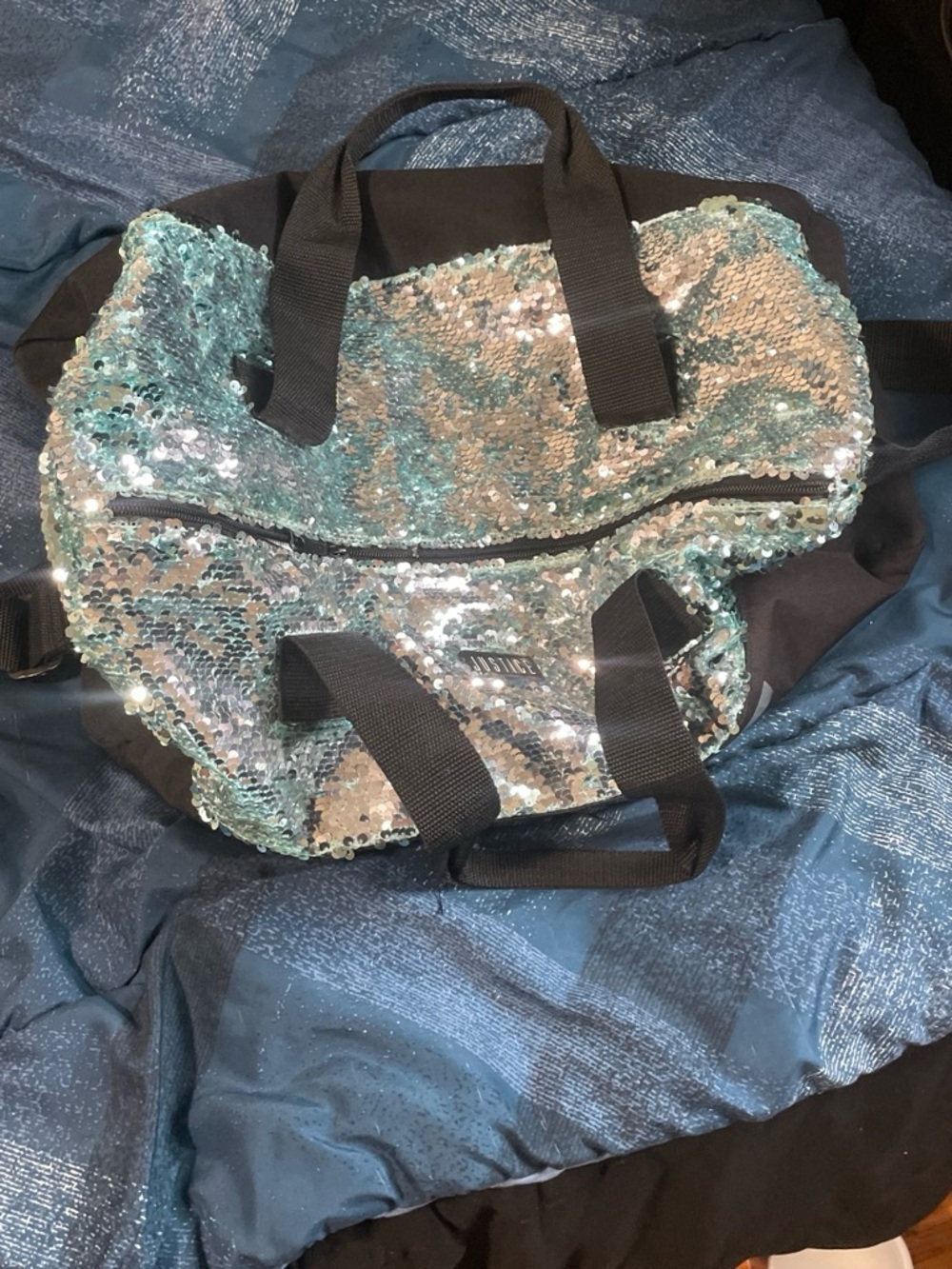 Justice Sequin Duffel Bag in Silver and Aqua